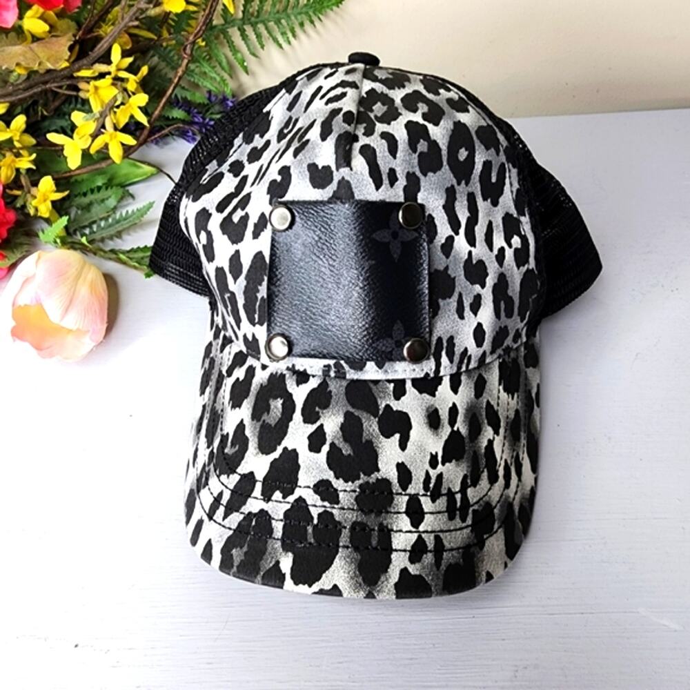 Upcycled Designer Cheetah Animal Print Trucker Hat Black White Handmade NWOT